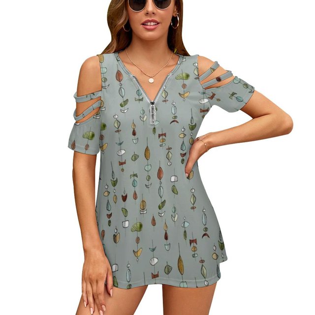 Mid Century Mod Pattern-Gray New Fashion Zip Off Shoulder Top Short-Sleeve Women Shirt Retro Mid Century Pattern Geometric