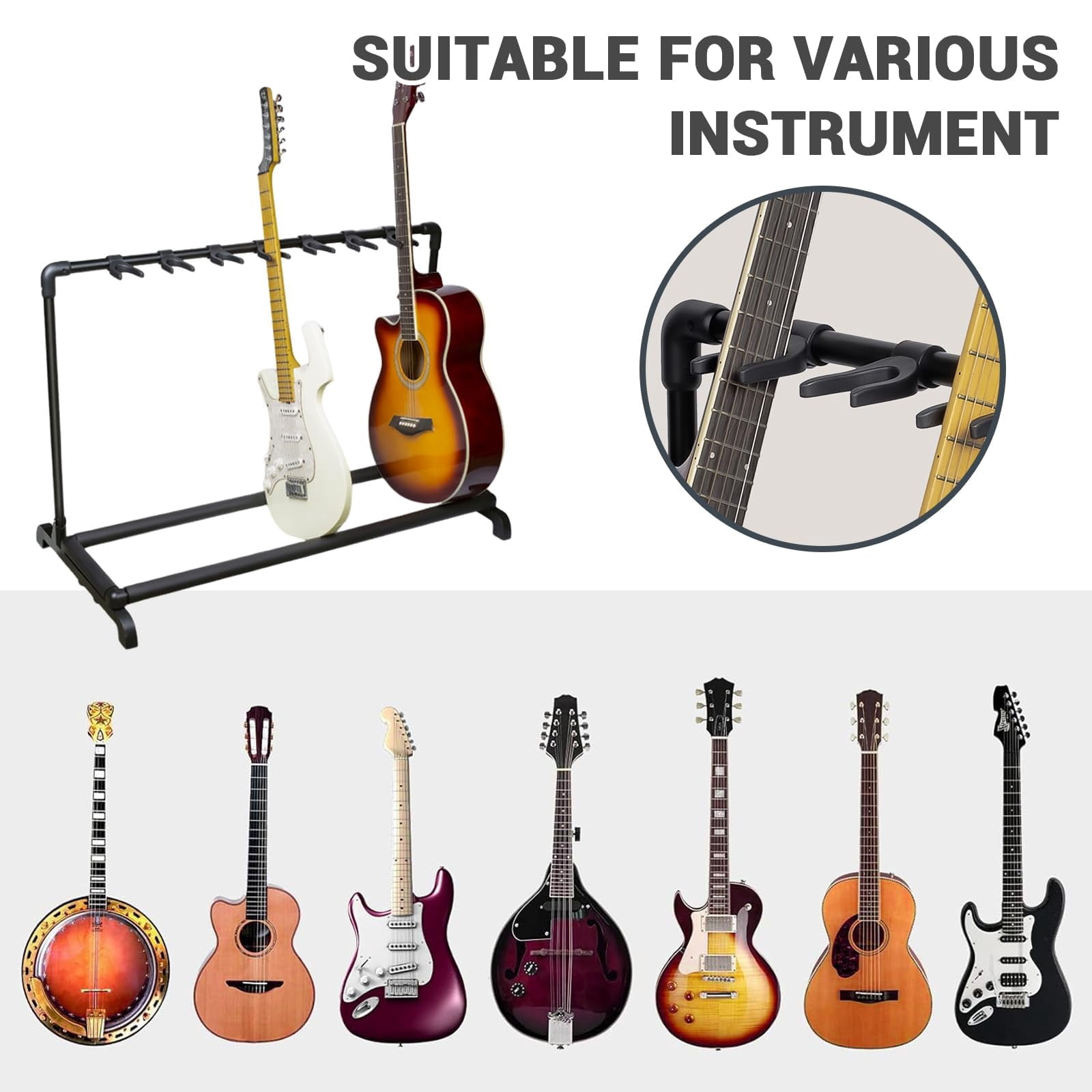 Multiple Guitar Stand, 7 Holder Foldable Multi Guitar Display Rack with Thick Rubber Padding Universal Holder for Classical Acoustic Electric Bass