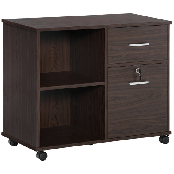 Vinsetto Lateral File Cabinet with Wheels, Mobile Printer Stand, Filing Cabinet with Open Shelves and Drawers for A4 Size Documents, Walnut