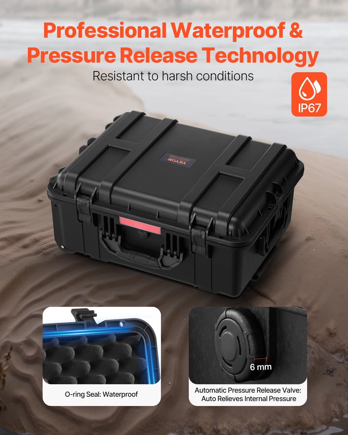 VEVOR Weatherproof Hard Case, Heavy Duty Protective Dry Box Case with Pre-Cut Foam, Wheels & Retractable Pull Handles for Travel, Hunt, Military, Tactical, IP67 Waterproof Case for Cameras(57x45x28)