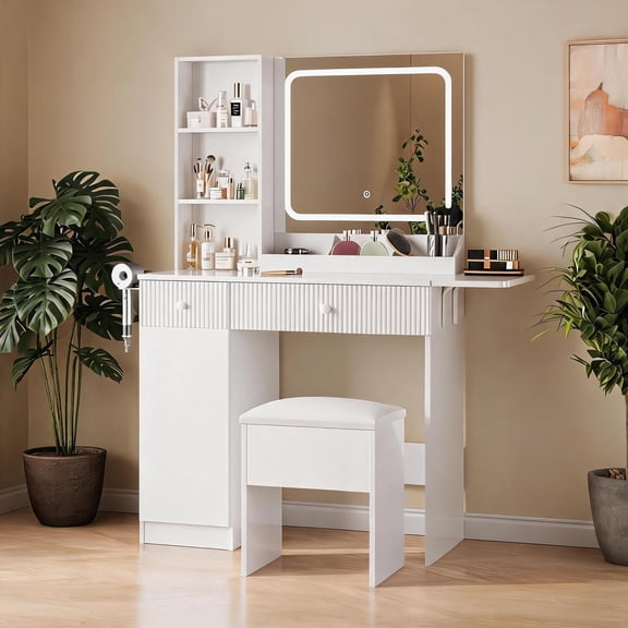 Vanity Desk with Mirror and Lights, LED Mirror, Power Outlets, 3 Adjustable Light, Drawers, Cabinet, Storage Stool