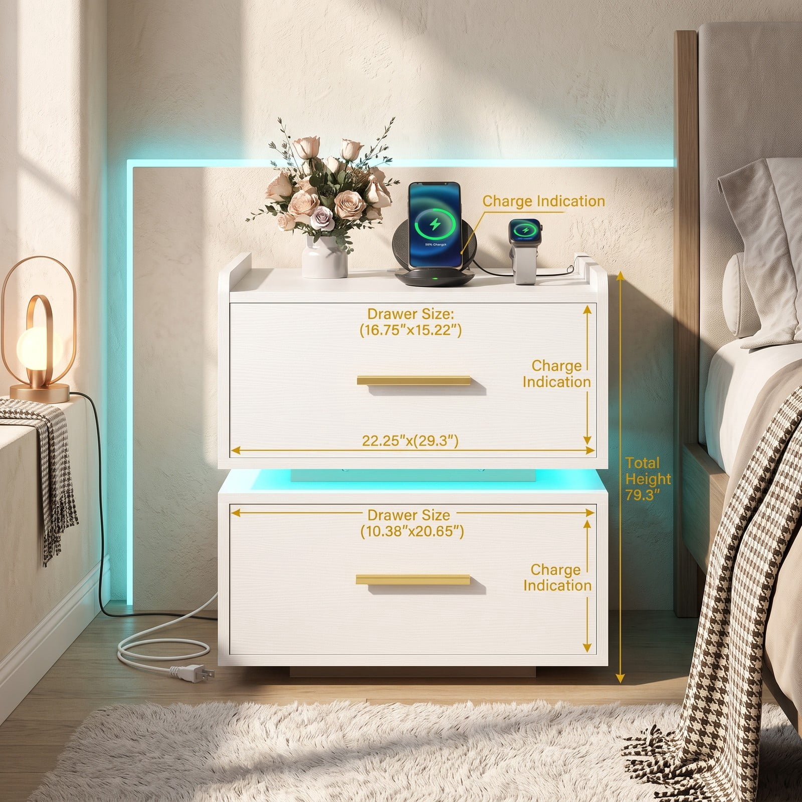 Furnibear LED Nightstand with Charging Station and 2 Storage Drawers, RGB Bedside Table with Semi-floating Design for Bedroom, White