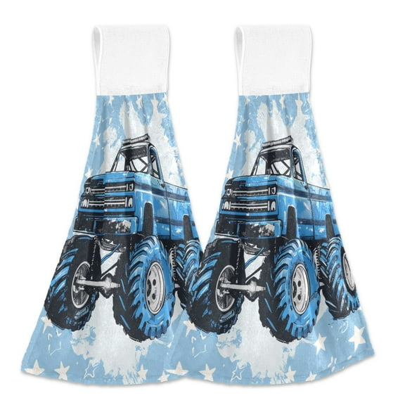 2 Pcs Monster Truck and Star Kitchen Hand Towels with Hanging Loops Absorbent Soft Fast Drying Decor Bath Towels