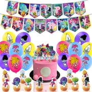 Trolls Birthday Party Decorations, Cartoon Trolls Birthday Party Supplies Includes Happy Birthday Banner, Cake Topper, Cupcake Toppers, Balloons for Kids Party Favors