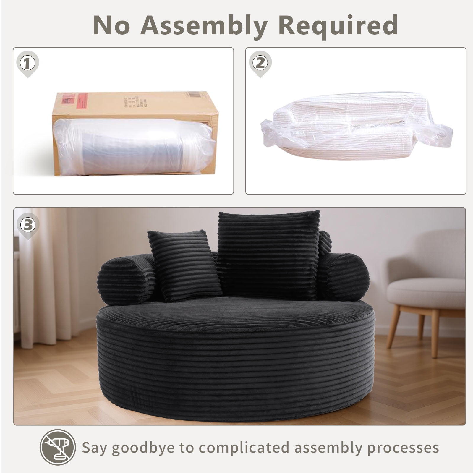 Miniyam 55.5" W Round Oversized Chaise Lounge Indoor with Memory Foam Sofa for Living Room, Cloud Couch with 3 Pillows, Black
