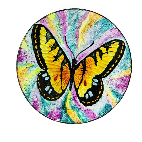 Evergreen 18" Hand Painted Glass Bird Bath with Oil Paint Finish, Butterfly