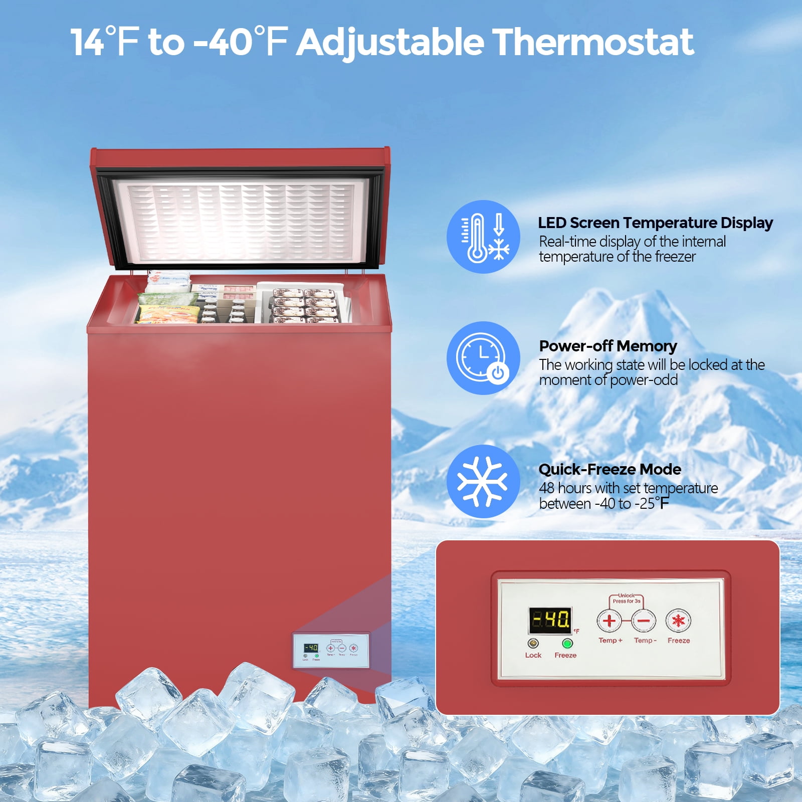 KNDKO 3.5 Cu.Ft Low temperature Chest Freezer with 2 Removable Baskets, Electronic Control, Super-Low Temperature 14℉ to -40℉, Red