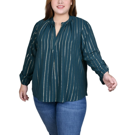 Plus Size Long Sleeve Foil Striped Blouse