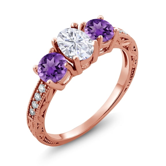 Gem Stone King 18K Rose Gold Plated Silver 7X5MM Purple Amethyst and 5MM White Moissanite Engagement Ring for Women | 1.97 Cttw (Size 7)