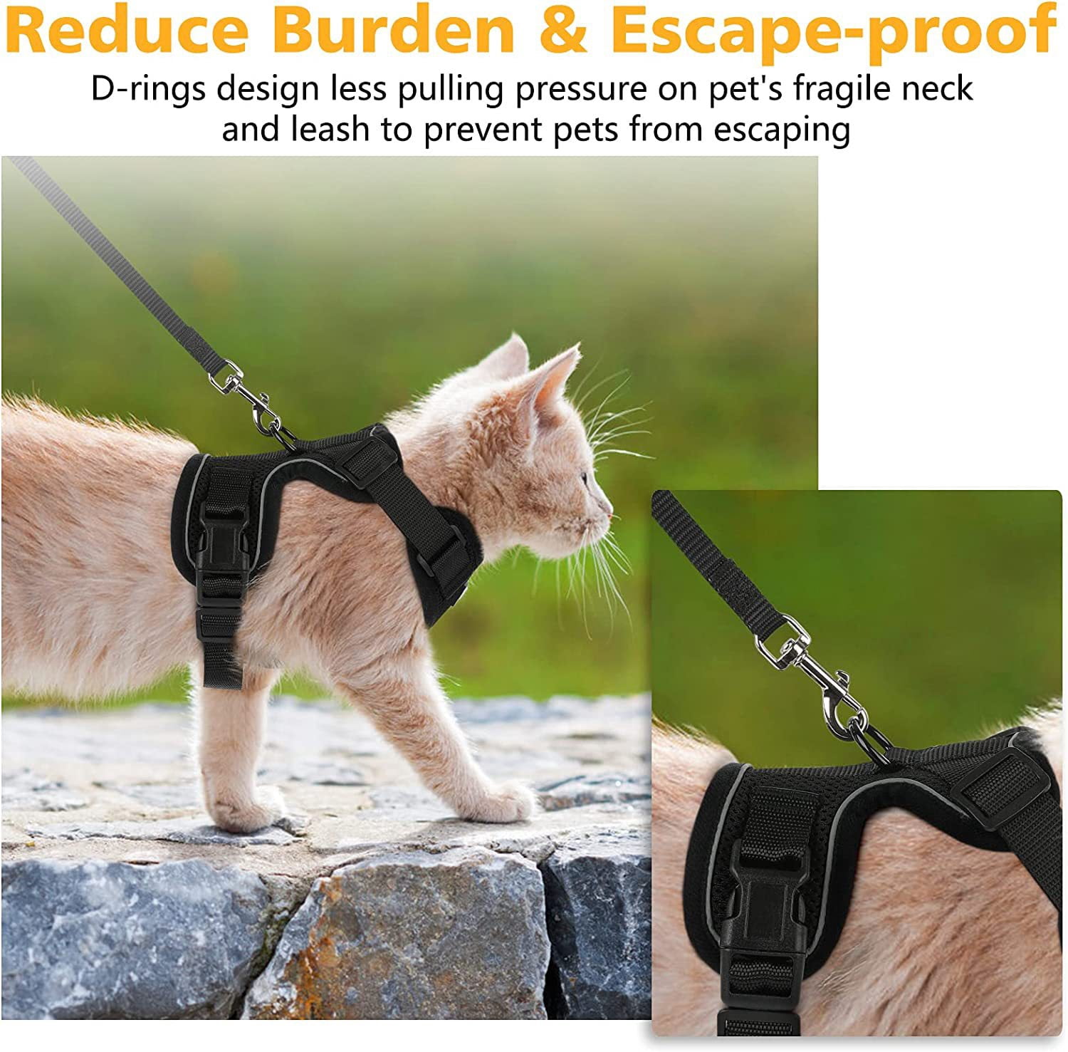 Cat Harness for Walking, Escape Proof Soft Adjustable Vest Harnesses for Cats, Easy Control Breathable Reflective Strips Jacket, Black, XS