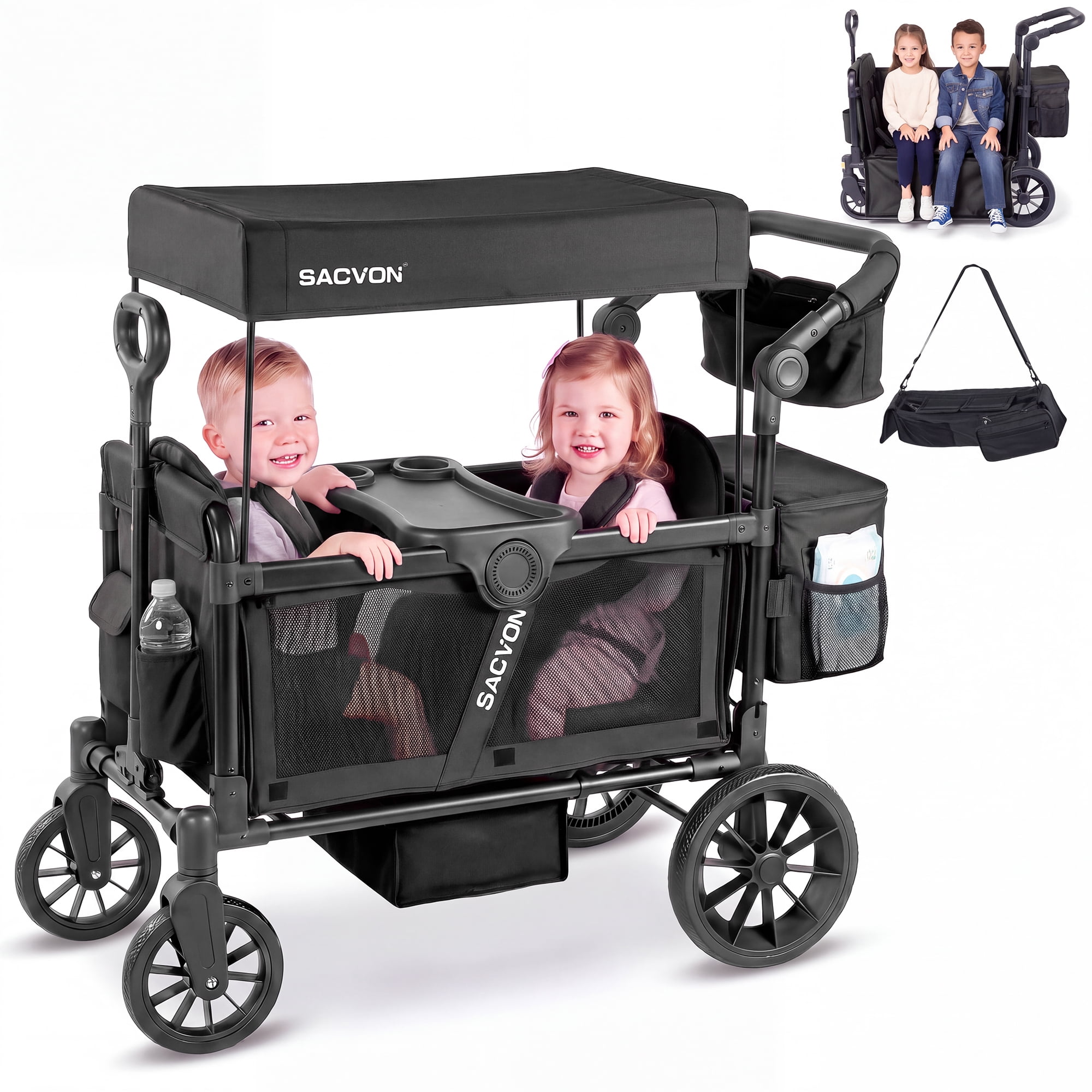 SACVON Wagon Stroller for 2 Toddlers, 4‑in‑1 Collapsible Stroller Wagon with Side Entry, 5‑Point Safety Harness, Adjustable Canopy, Snack Tray & Convertible Backpack Storage Bag, Black