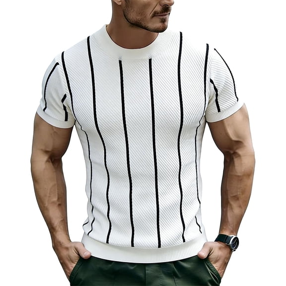 Men's Knit Vertical Striped Short Sleeve Mock Neck T-Shirt, Casual Slim Fit Top, Breathable Ribbed Knitwear for Smart Casual Style and Everyday Wear White XXL
