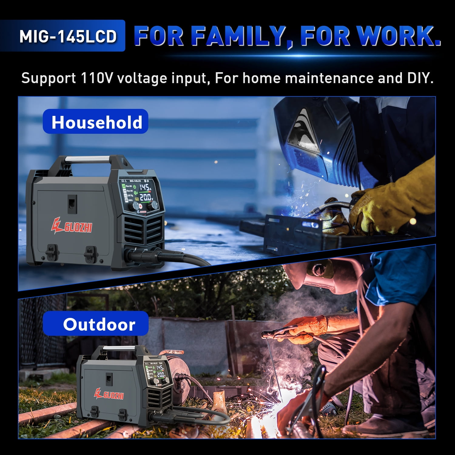 GZ GUOZHI 145A MIG Welder, 3 in 1 MIG, Stick, LIFT TIG, 110V Flux 