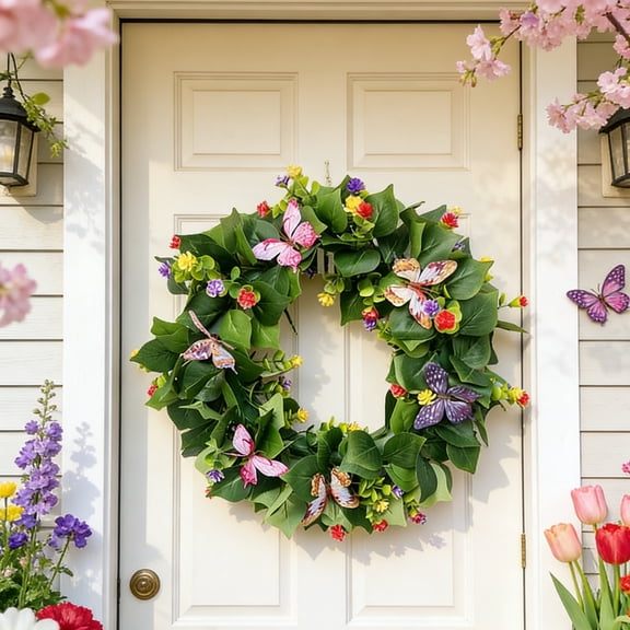 Rirozkan Artificial Butterfly Wreath, Green Leaf Spring Door Wreath, Hanging Floral Swag, Window Decoration, Outdoor Wall Art, Seasonal Home Welcome Sign for Front Porch