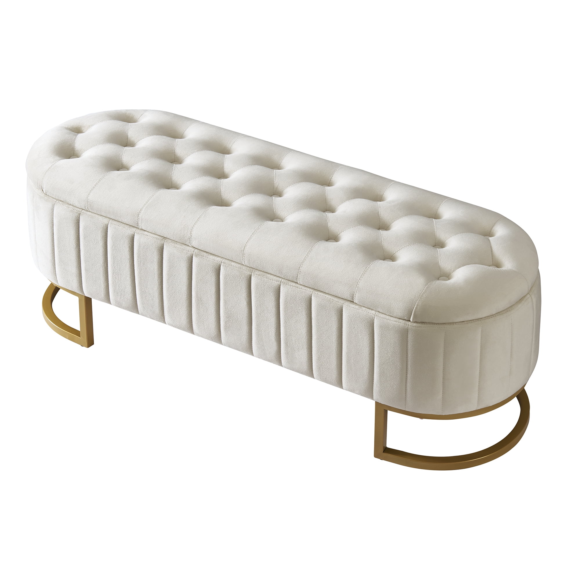 Euroco Upholstered Velvet Storage Ottoman Bench,End of Bed Bench with Metal Legs,Storage Chest for Bedroom,Living Room,Entryway,Beige
