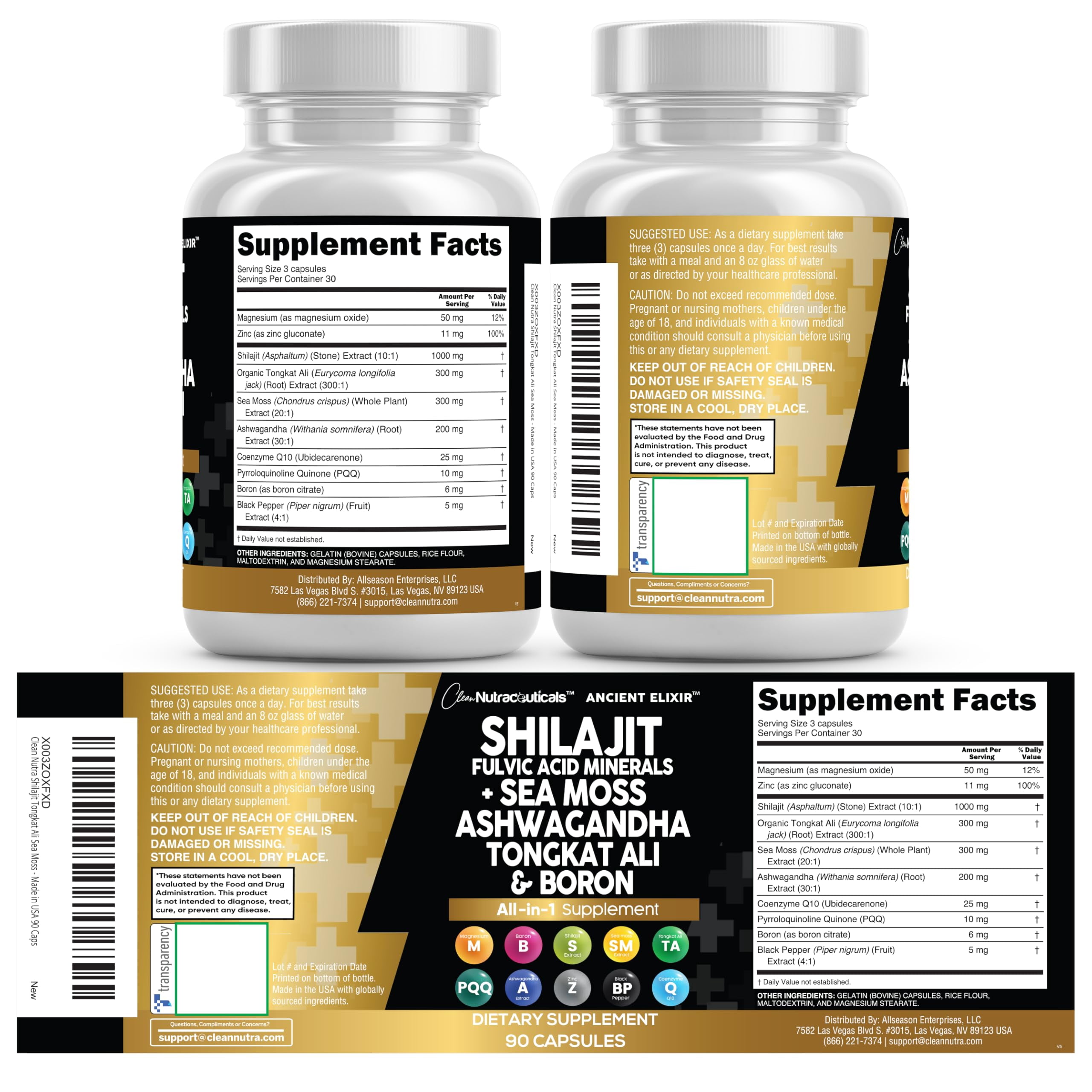 Clean Nutraceuticals Shilajit Supplement for Men with Sea Moss, Tongkat Ali, Ashwagandha, Boron, Zinc, CoQ10, PQQ - Fulvic Acid Capsules - Energy Support - 90 Count - Resin, Gummy & Powder Alternativ