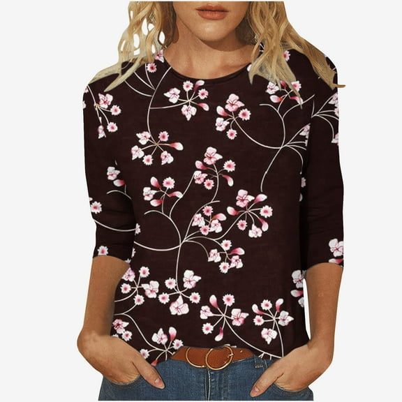 BangWanChi Womens Fashion Printed T-shirt 3/4 Sleeves Blouse Round Neck Casual Tops