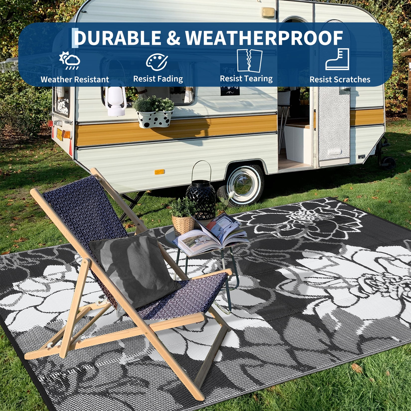 Hasoo 8' x 10' Black Outdoor Rug for Patio Decor Waterproof Plastic Straw Modern Geometric Carpet PP Tube Woven Portable Camping Mat for Picnic Balcony