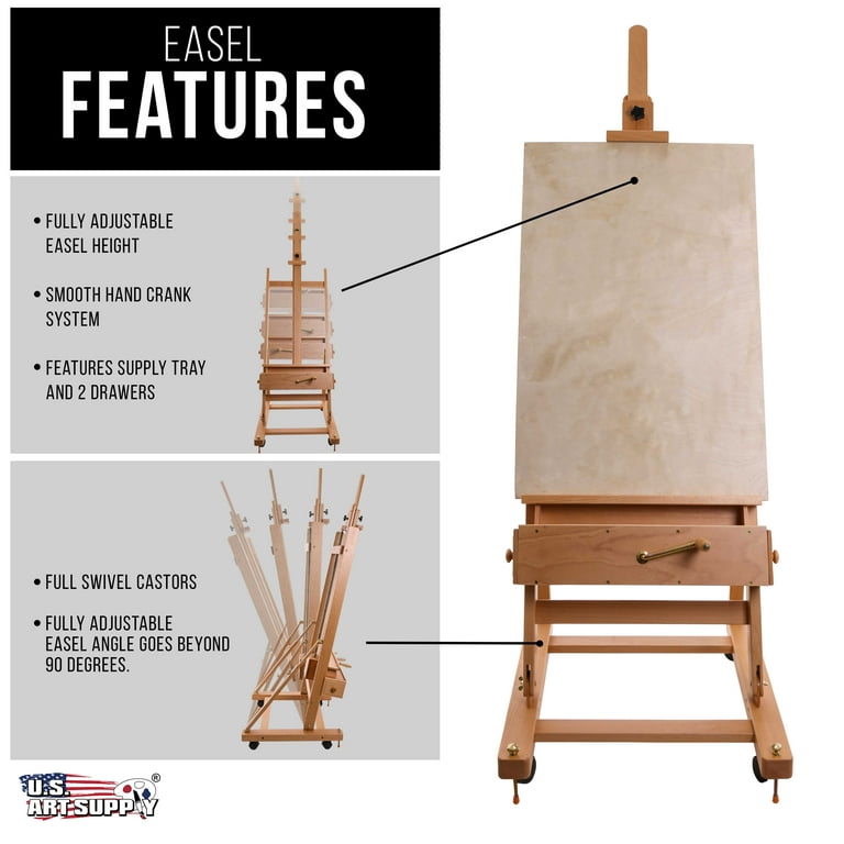Double Rocker Crank Heavy Duty Extra Large Wooden Studio Floor Easel -  Sturdy Double Mast Adjustable H-Frame - Beech Wood Artist Painting Canvas  Stand