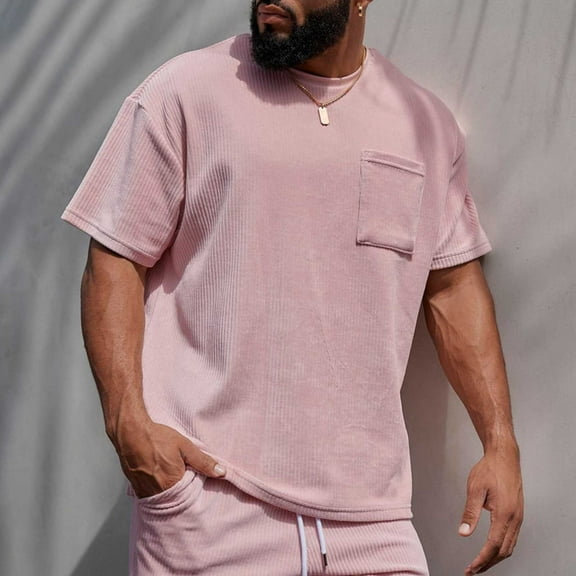 Chbgutlmr Corduroy Shirts for Men Short Sleeve Crew Neck Plain Color T-Shirts Casual Loose Summer Basic Tops