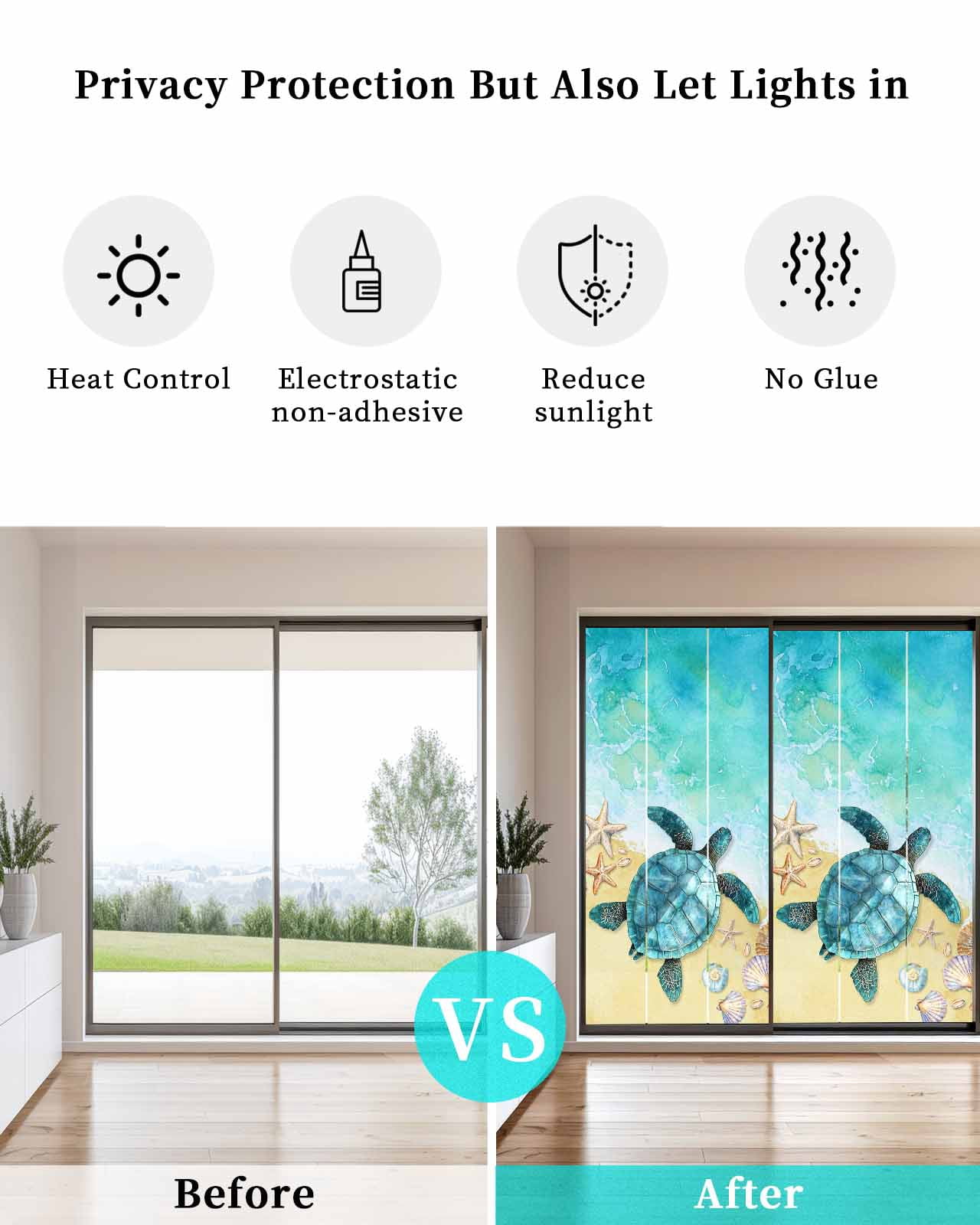 Window Privacy Film Teal Blue Coastal Stained Glass Window Film Decorative Sun Block Window Cover Summer Beach Turtle Nautical Window Clings Static Adhesive Sticker for Bathroom 23.6"x59"