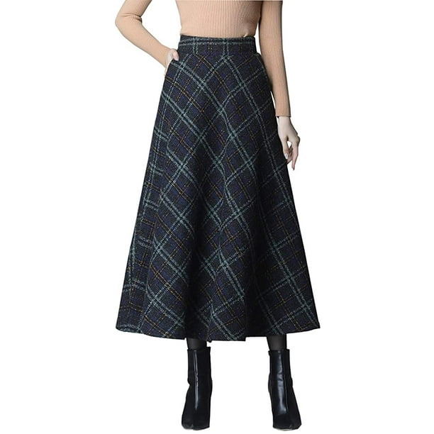 Women's Winter Elegant Warm Long Skirt Wool Maxi Skirts Elastic Waist  A-Line High Waist Plaid Pleated Skirt 
