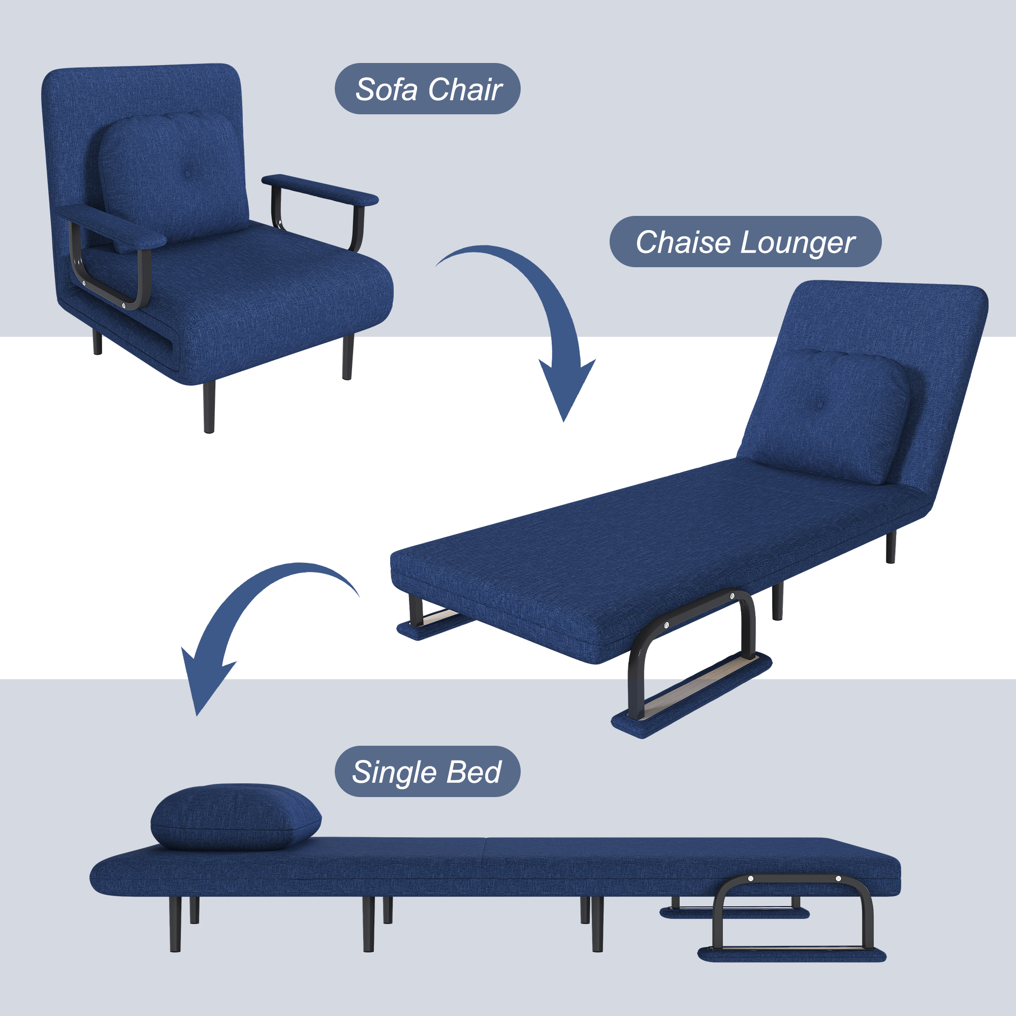 MOONMISS 5 in 1 Convertible Chair Bed Sleeper with Adjustable Backrest Pillow Comfy Single Futon Sofa Bed for Small Spaces,Blue