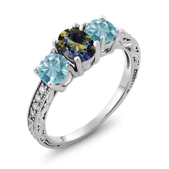Gem Stone King 2.77 Ct Oval Blue Mystic Topaz Blue Zircon 925 Sterling Silver Moissanite Ring (Size 9)