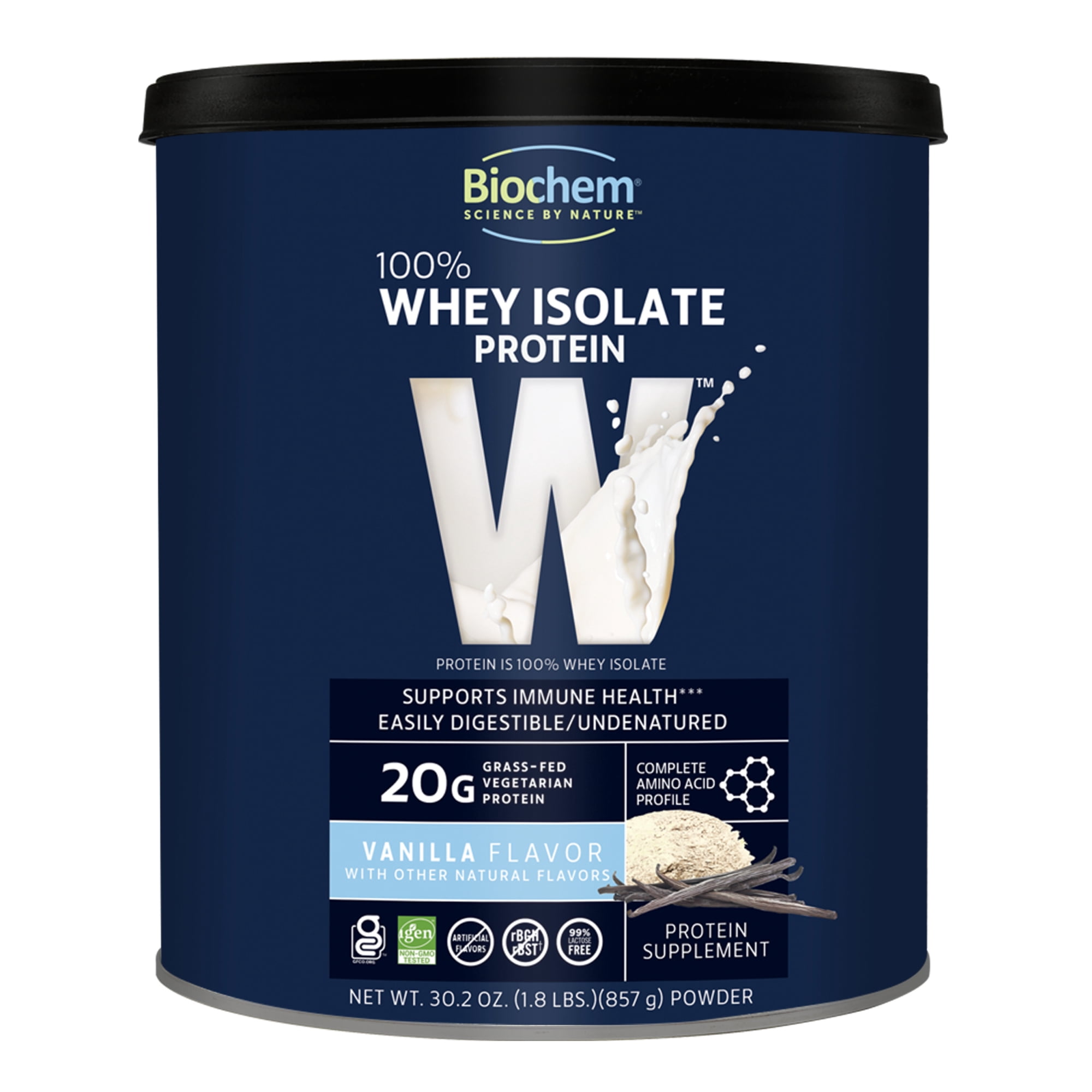 Biochem 100% Whey Isolate Protein Powder, Grass Fed, Low Carb, Keto-Friendly, Non-GMO, Gluten-Free. Supports Immune Health & Muscle Recovery, 20g Vegetarian Protein per Serving, Natural Flavor, 1.5lb