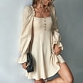 thumbnail image 3 of Vestido de manga larga para mujer, estilo francés, elegante, con cuello cuadrado, manga abombada, corte entallado, vestido de corte A para fiesta nocturna, color caqui XL, 3 of 8