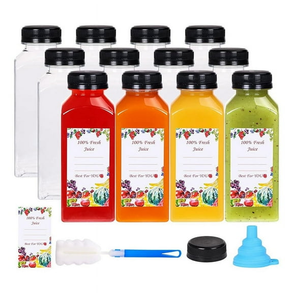 12Pcs 12oz Plastic Juice Bottles with Tamper Evident Caps, Reusable Clear Juice Containers with Labels, Funnel and Brush