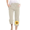 thumbnail image 2 of up to 60% off Gifts Usmixi Womens Drawstring Elastic Waist Pants Plus Size Loose Straight 3/4 Trousers Fashion Cotton Linen Sunflower Print Capris Pants with Pocket Khaki m, 2 of 4