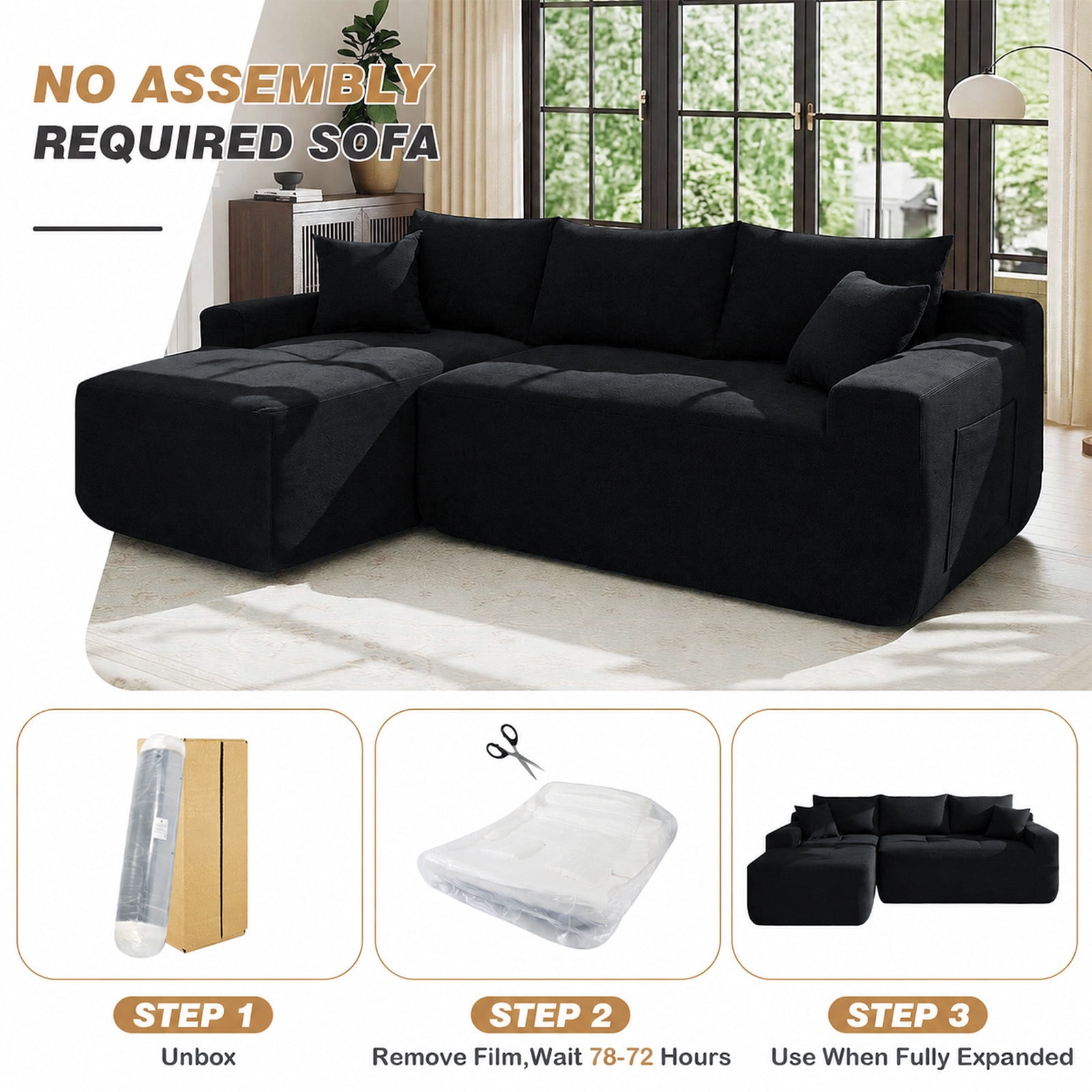 Lunale L-Shaped Modular Sectional Sofa with Left Chaise, No Assembly Required, Boneless Polyester Cloud Couch for Living Room, Black