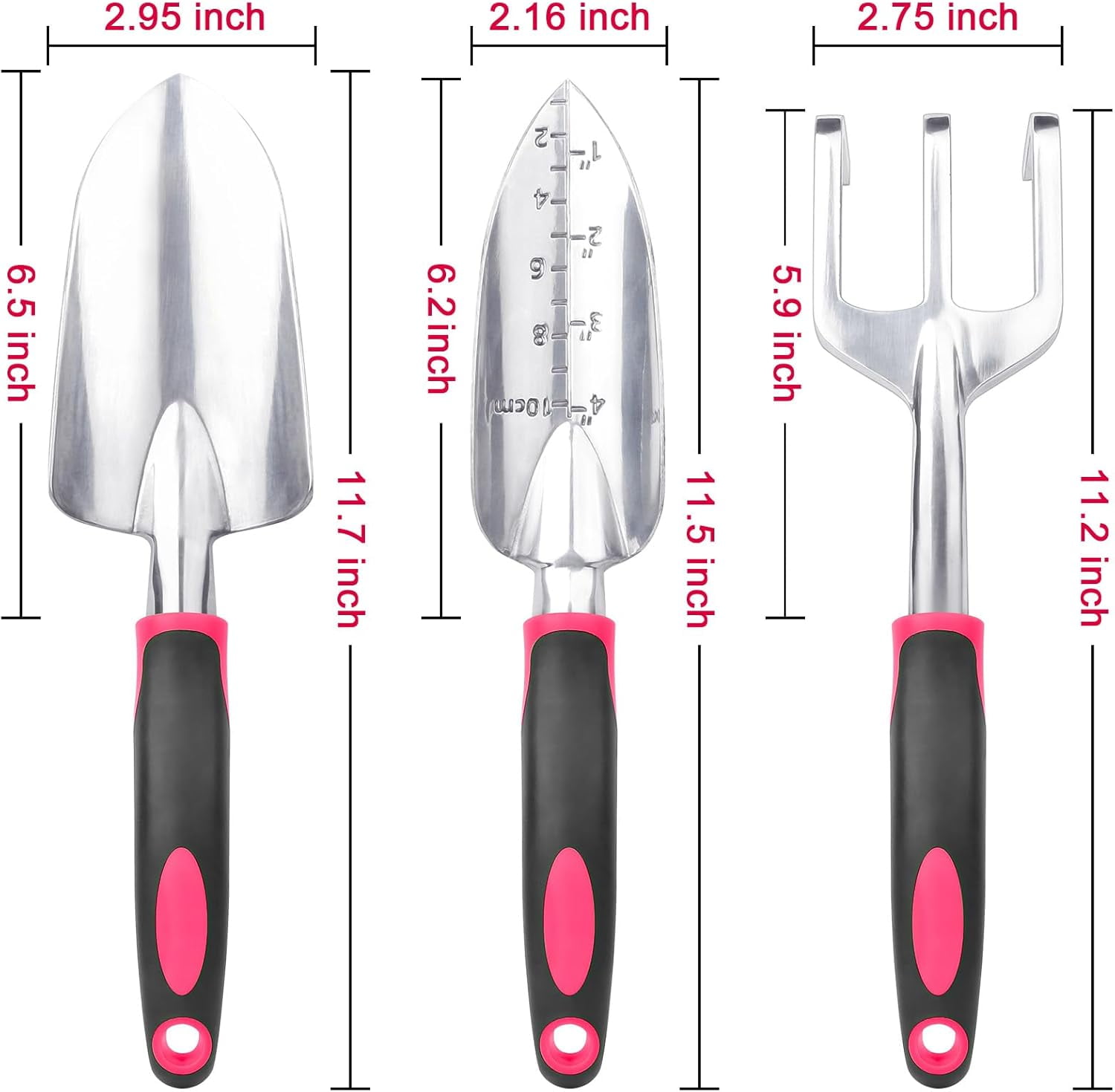 Garden Tools Set, 3 Pack Heavy Duty Gardening Tools Set Include Garden Shovel, Transplant Trowel and Hand Rake with Ergonomic Handle, Aluminum Alloy Lawn for Planting Tools, Red