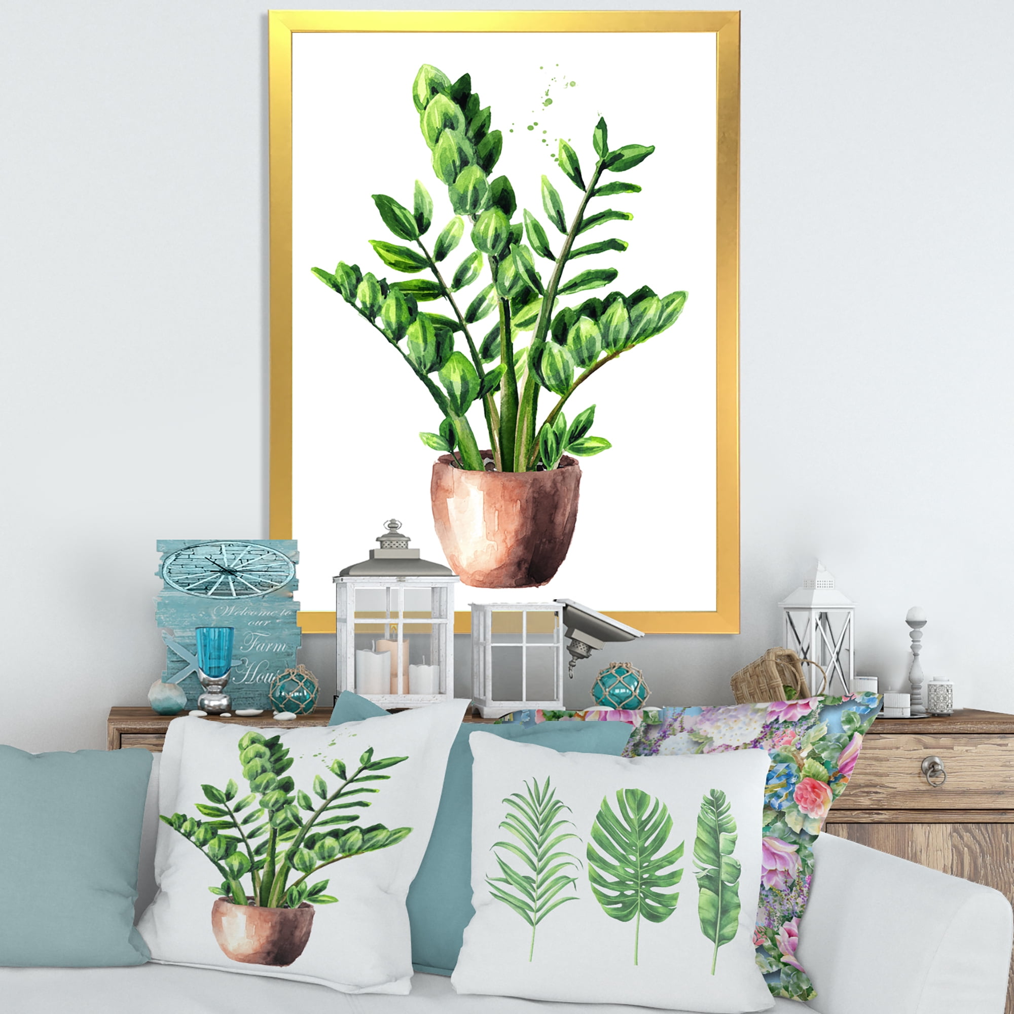 Designart 'Zamioculcas Tropical Plant With Green Leaves On White' Traditional Framed Art Print