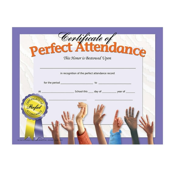 Office, School, Home, College Certificate of Perfect Attendance - Pack of 5