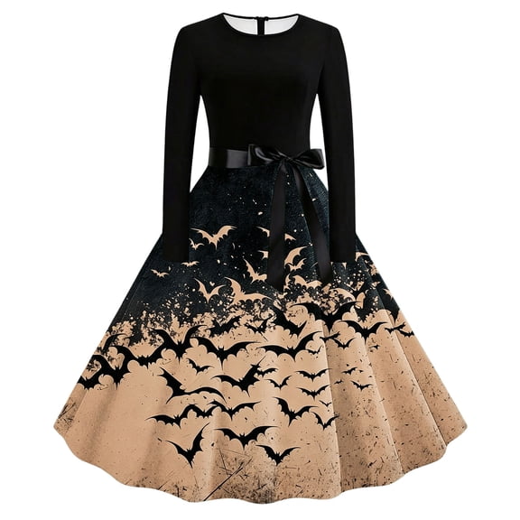 Dvprdro Halloween Dress for Women Long Sleeve Crewneck Printed A Line Swing Flared Midi Party Dresses