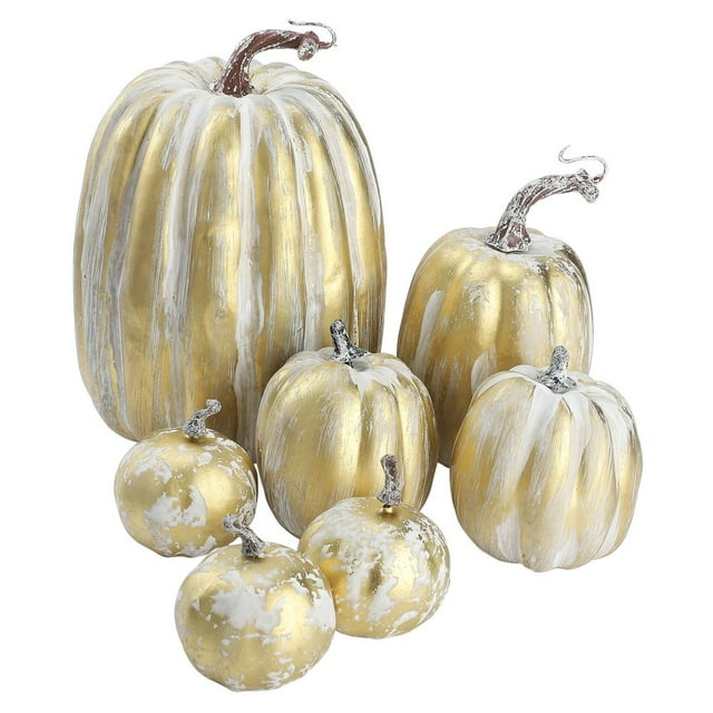 7 Pcs Assorted Sizes Harvest Gold Artificial Pumpkins for Fall Halloween Thanksgiving Decorating Embellishing and Displaying