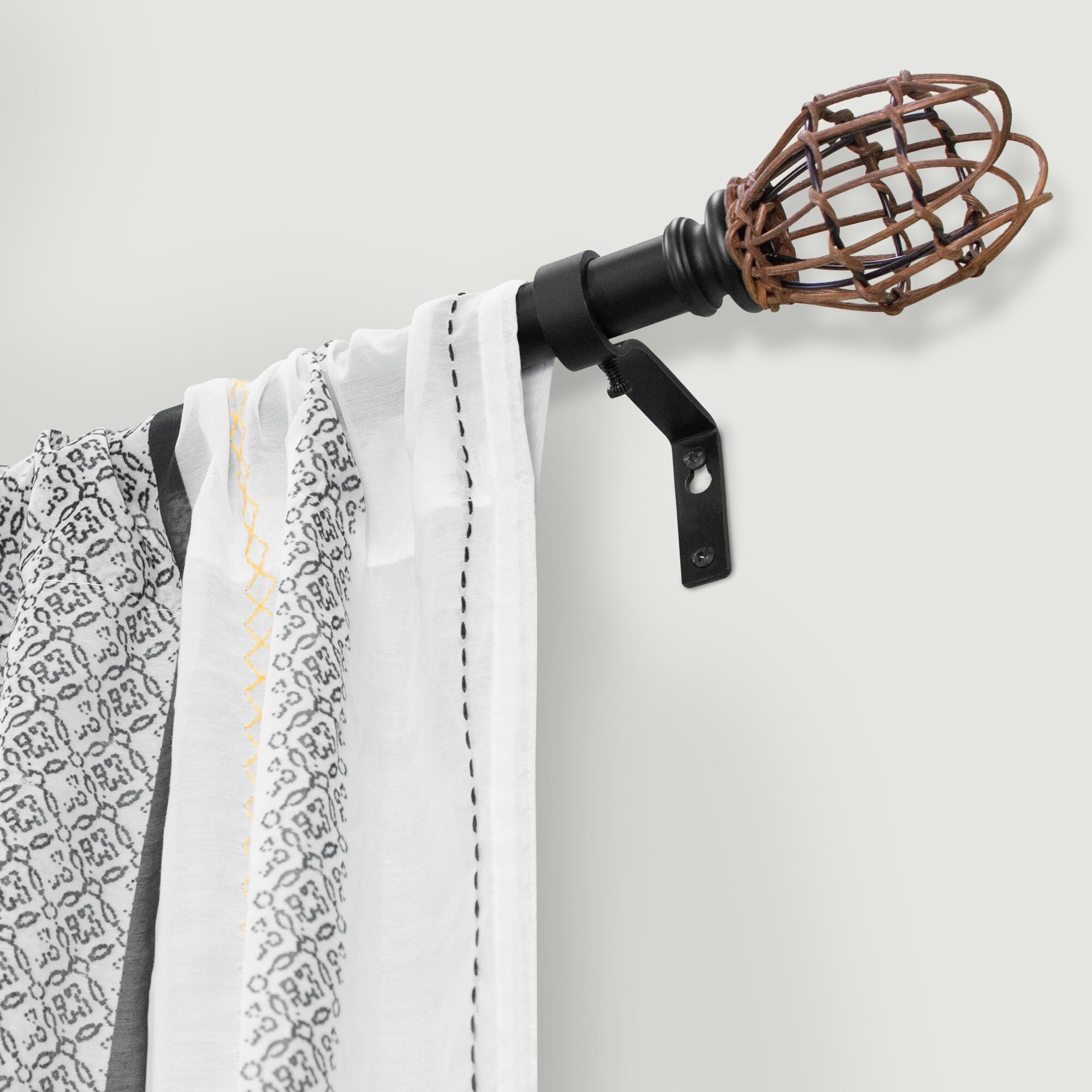 7/8" dia. Single Curtain Rod Set with Vine Woven Tulipa _Matte Black 66"-120" - Black