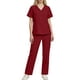 thumbnail image 2 of Conjuntos de uniforme médico para mujer, informal, cuello en V, manga corta, camiseta y pantalones con cintura elástica, color liso, 2 piezas, con bolsillos, 2 of 9