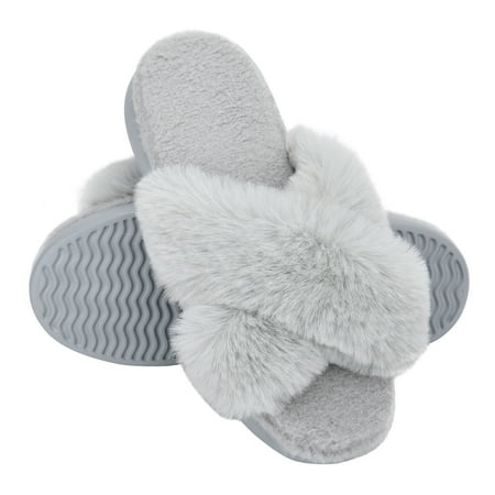 

LORDFON Fluffy Open Toe Slippers for Women Fuzzy Furry Cross Band Memory Foam Bedroom Plush House Womens Slippers