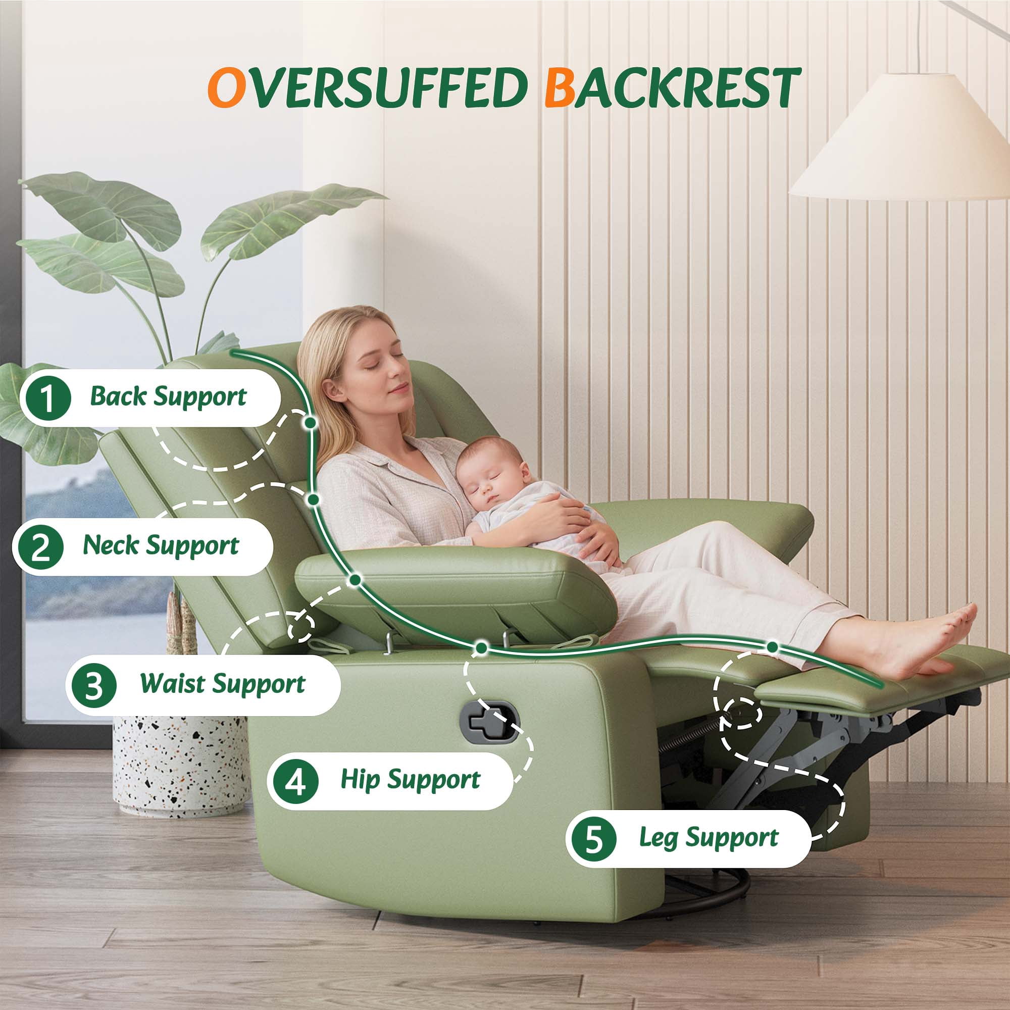 LAZZO Recliner Chair with Adjustable Armrest and Headrest, Upholstered Swivel Rocking Chair for Nursery & Living Room, Green