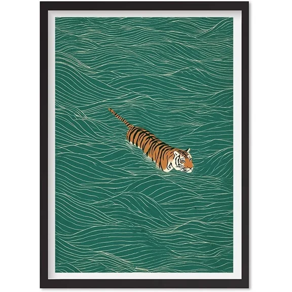 Japanese Tiger Swimming Print, Vintage Ukiyo-E Style Wall Art, Minimalist Animal, Matte Canvas Stretched, Posters for Room Bedroom Living Room Bathroom Wall Decor, Posters & Art Prints, Gift.