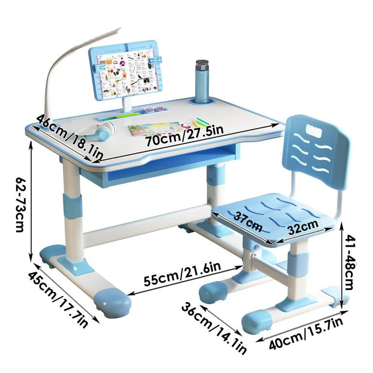 Kids Study Desk Chair Set, Height Adjustable Writing Table, Tiltable Reading Stand, LED Table Light, Children Desk Chair for Bedroom, Study Desks with Large Drawer for Toddlers and Teens (Blue #7)