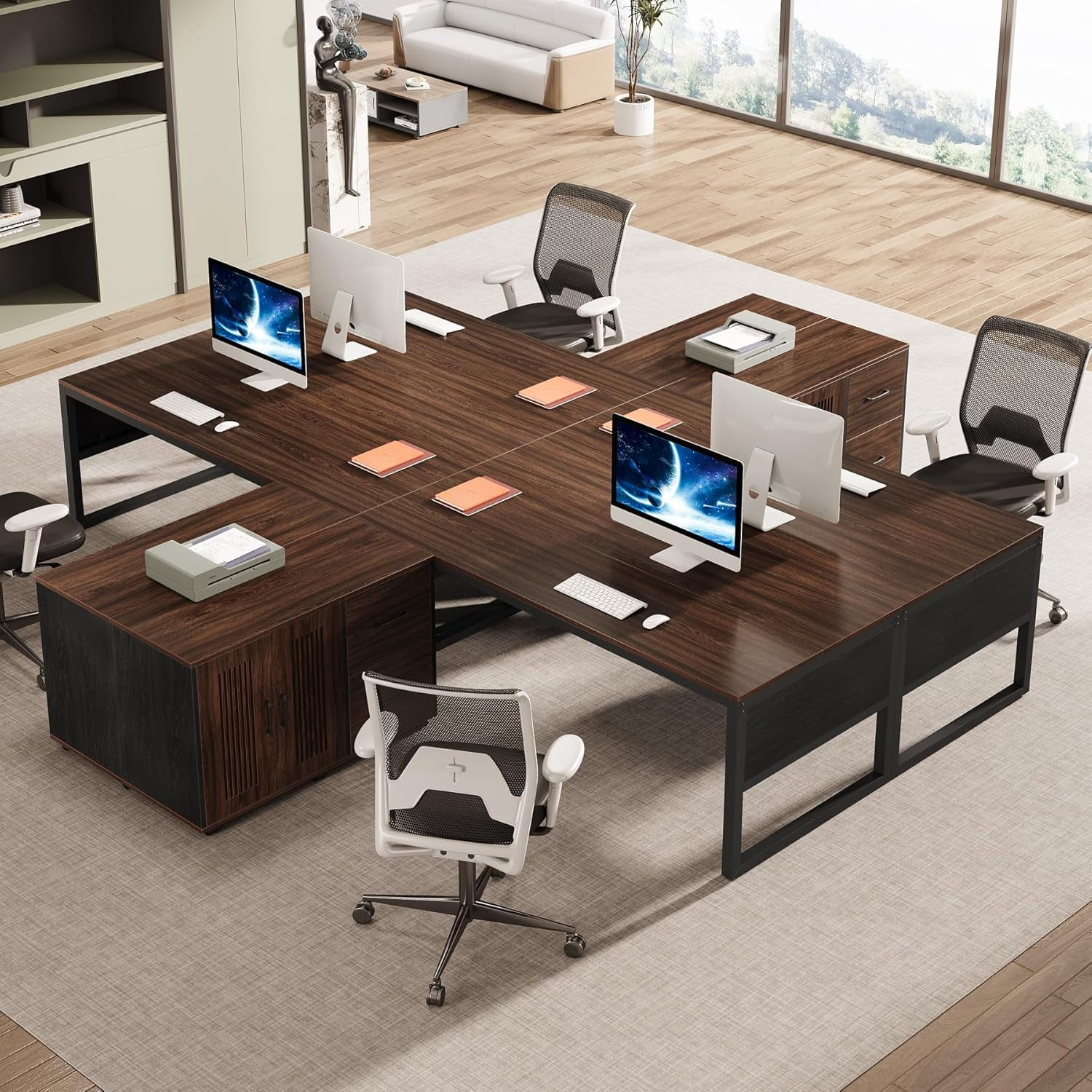 Finmind 63-Inch L-Shaped Desk, Modern Executive Desk with Mobile File Cabinet,Dark Walnut & Black