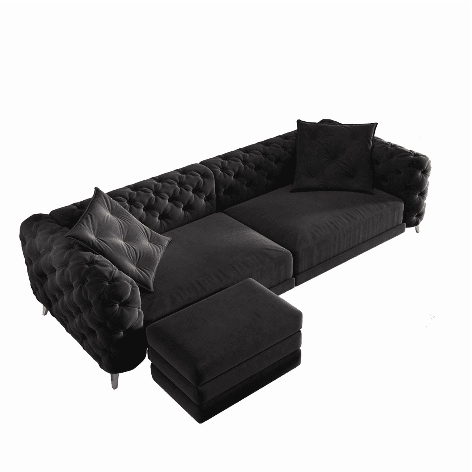 3-in-1 Convertible Sleeper Sofa Bed, 97.7'' 4-Seater Velvet Couch with Pull Out Bed & Movable Ottoman, Deep Seat Tufted Futon for Living Room, Apartment & Office