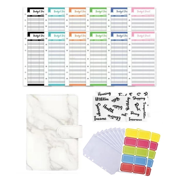Carpeta de cuaderno A6 Cuero de PU con sobres con cremallera con bolsillos con pegatinas de letras Blanco Zulema Presupuesto de la carpeta