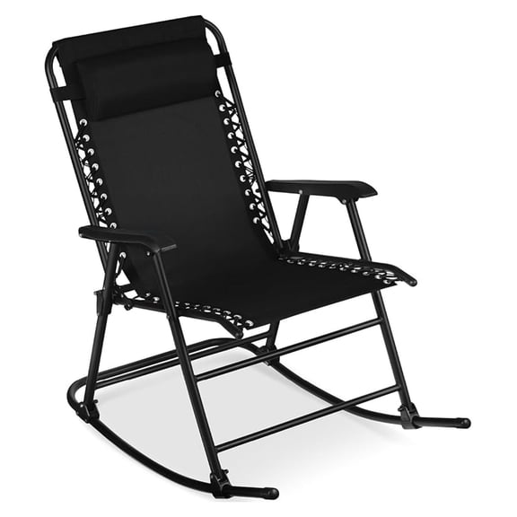 Outdoor Folding Rocking Chair, Lounge Chair, Patio Rocker w/Headrest Pillow - Black