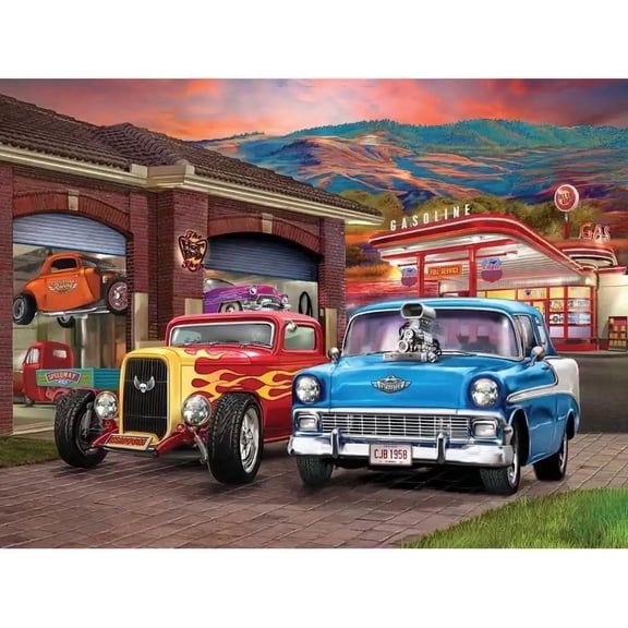 Bits and Pieces Hot Rod Sunset 50 Large Piece Jigsaw Puzzle Vintage Classic Cars - 15x19 Inches