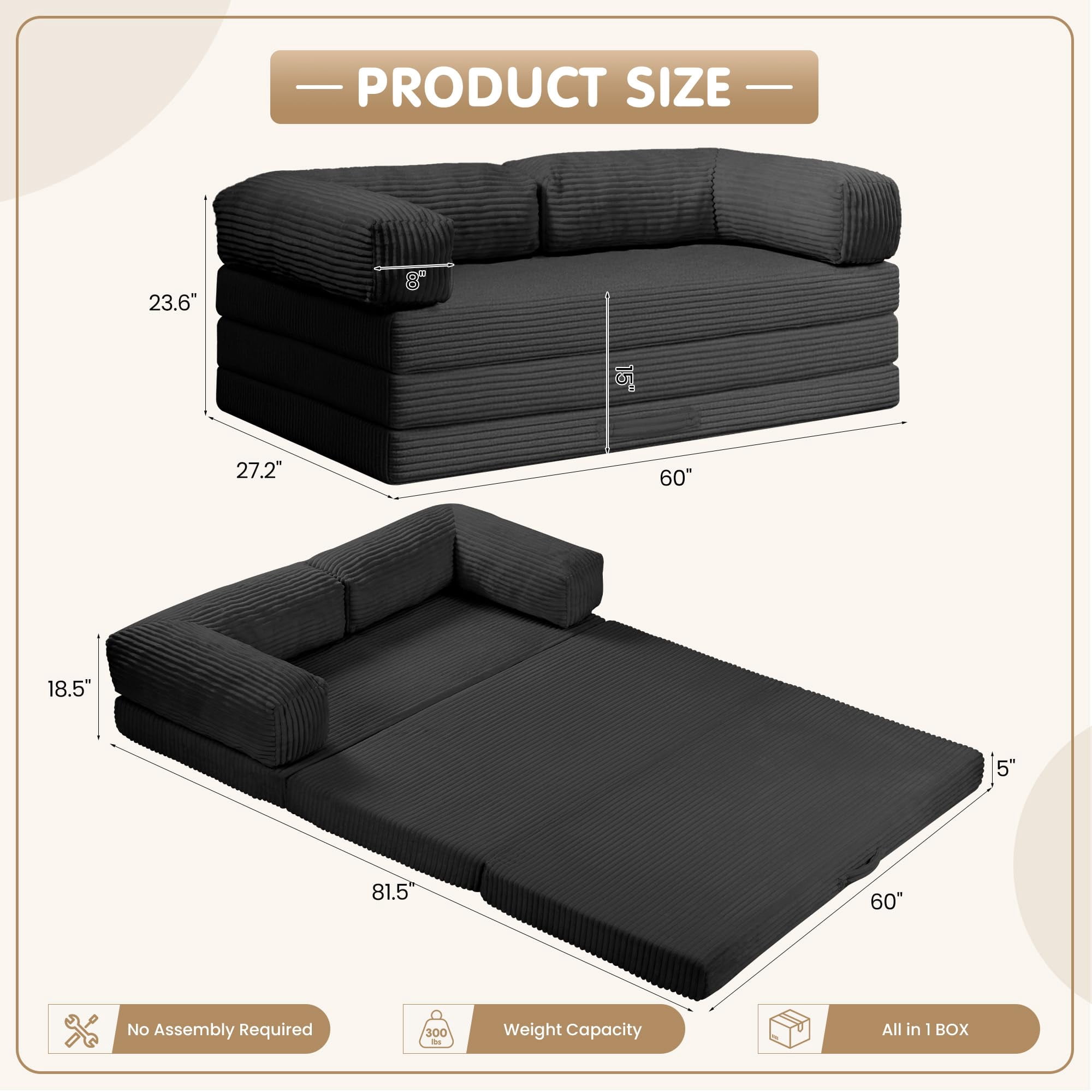 5-in-1 Convertible Sofa Bed,60" Boneless Couch Tri Folding Floor Mattress with Removable L-Shaped Armrests & Handle,Corduroy Futon Couch Sleeper for Living Room Bedroom Apartment, Black